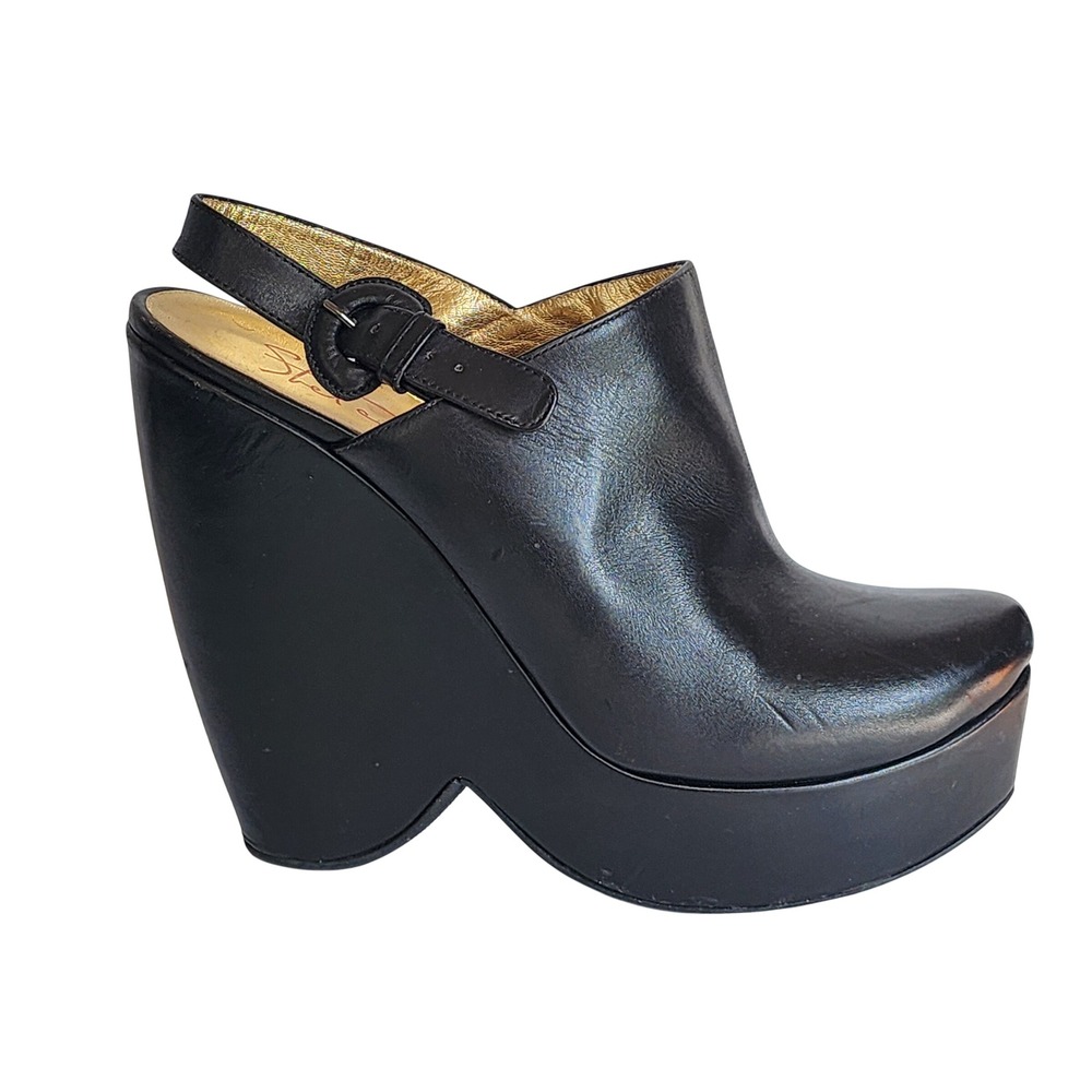 Walter Steiger Paris Black Leather Platform Wedge Slingback Heels Sandals 40